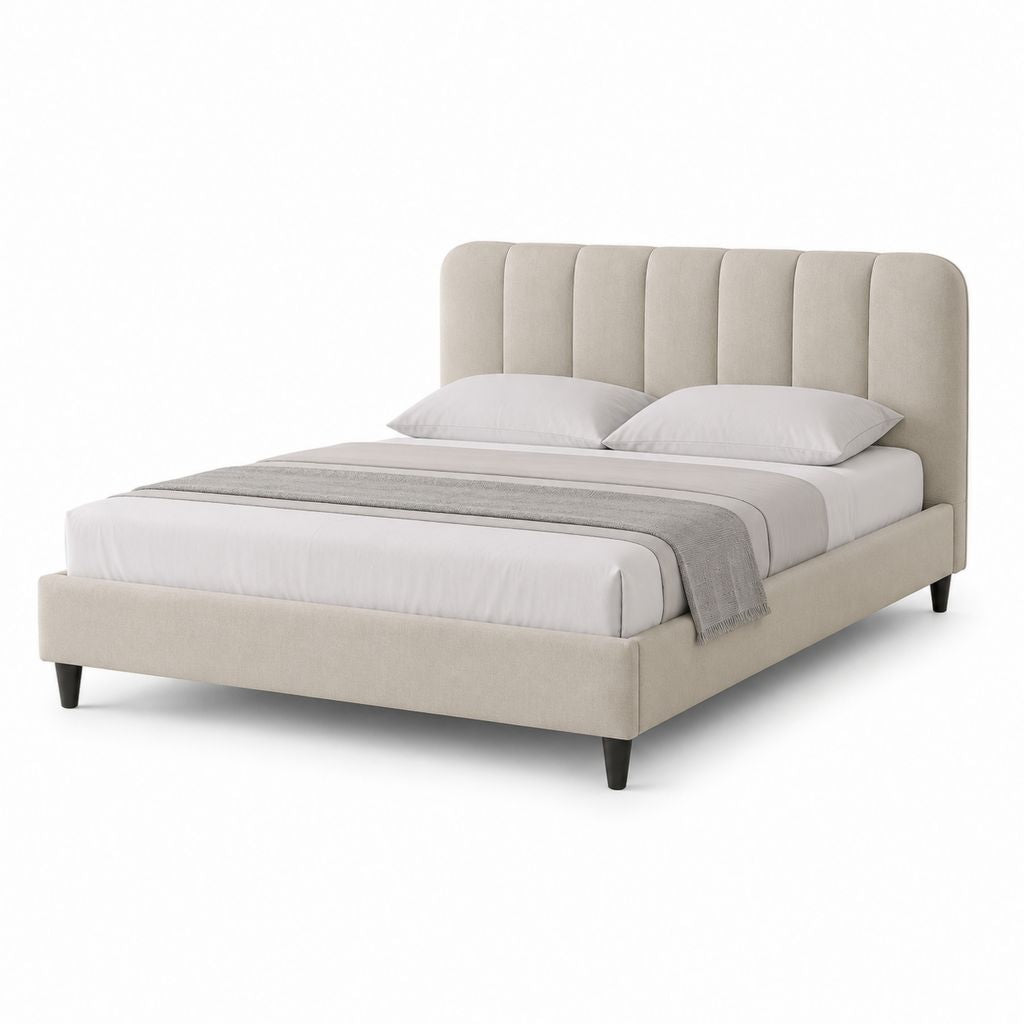 Lit double 160 x 200 cm beige en polyester avec tête de lit capitonnée