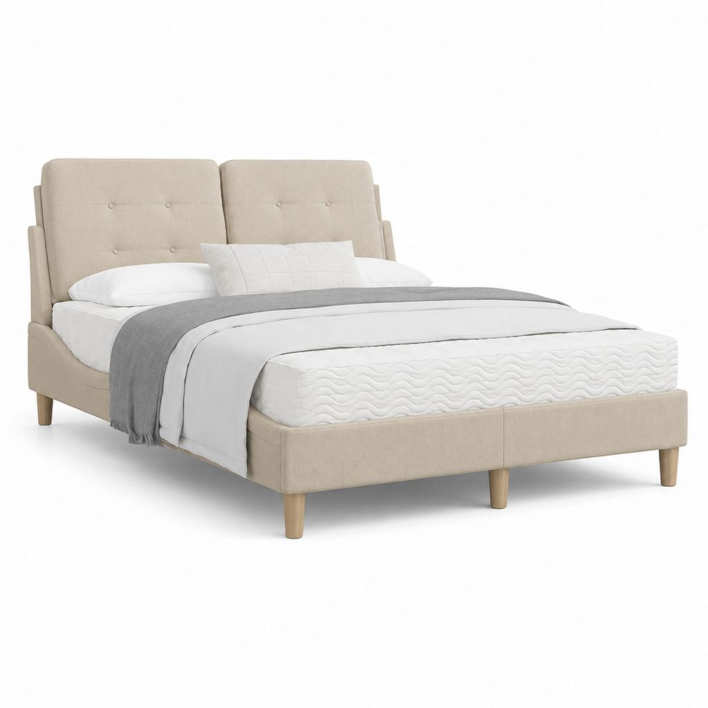 Cadre de lit double beige en polyester avec tête de lit capitonnée 160 x 200 cm