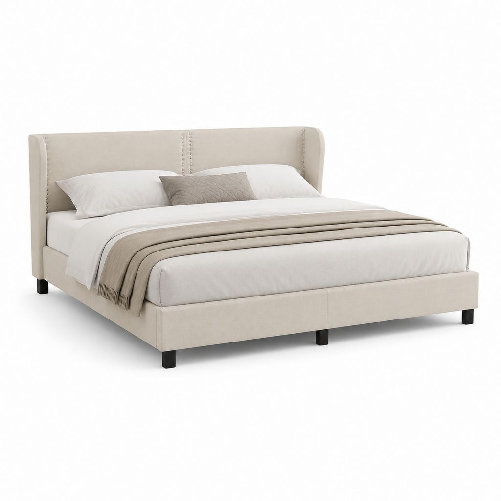 Lit double avec cadre beige en polyester 160 x 200 cm avec tête de lit capitonnée
