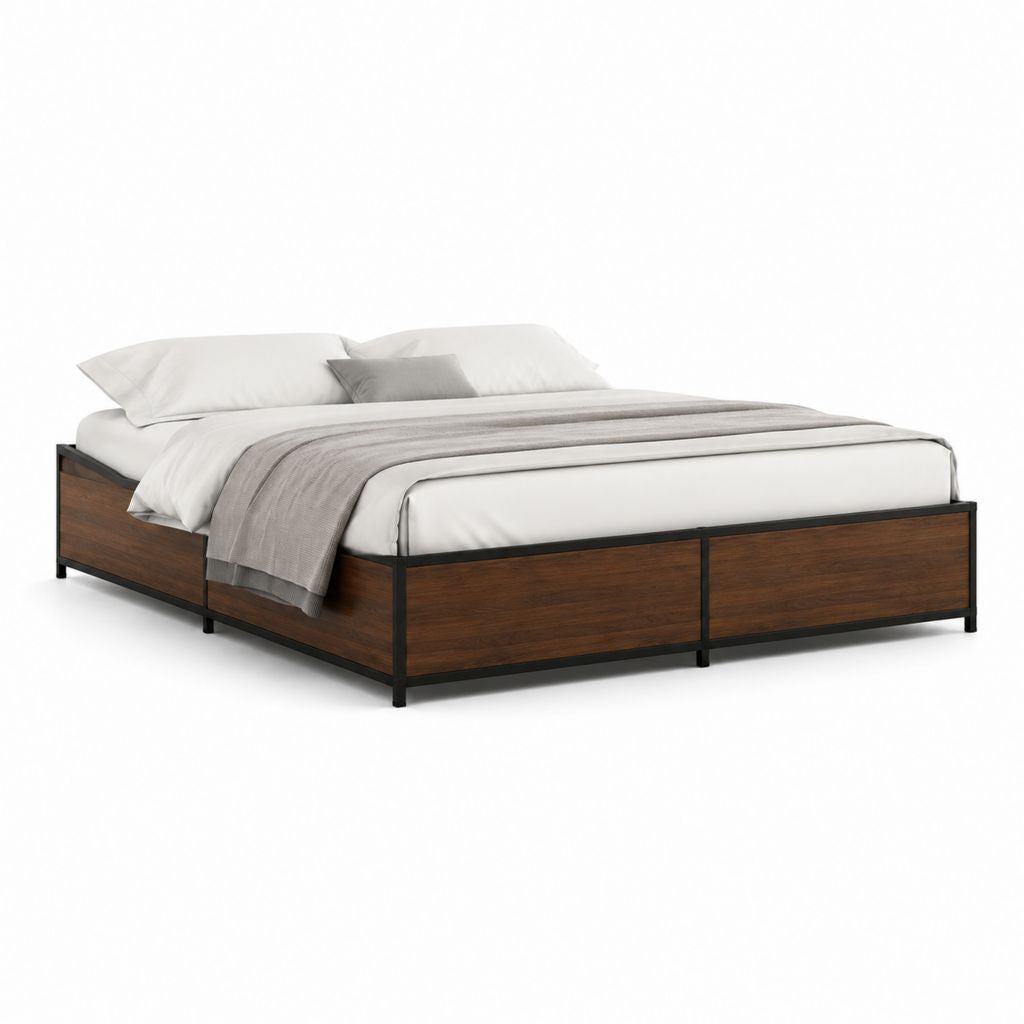 Cadre de lit double 160 x 200 cm brun noyer en panneaux MDF et acier noir