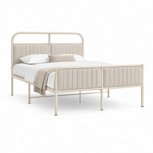 Lit double rectangulaire beige en acier et polyester 140 x 190 cm