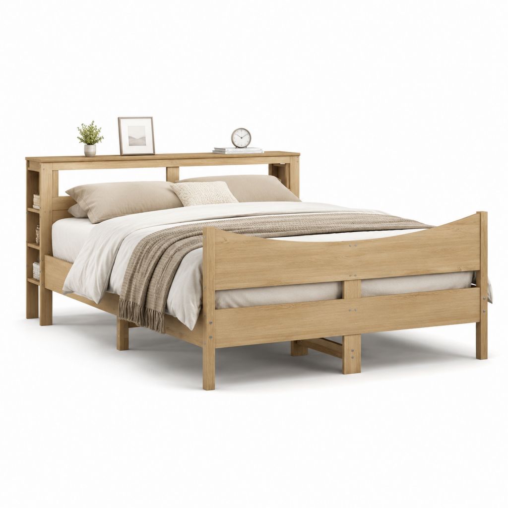 Cadre de lit double 160 x 200 cm chêne clair en panneaux de particules avec tête de lit rangement