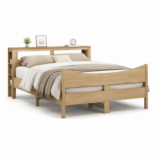 Cadre de lit double 160 x 200 cm chêne clair en panneaux de particules avec tête de lit rangement