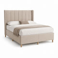 Lit double 160 x 200 cm beige en polyester avec tête de lit capitonnée