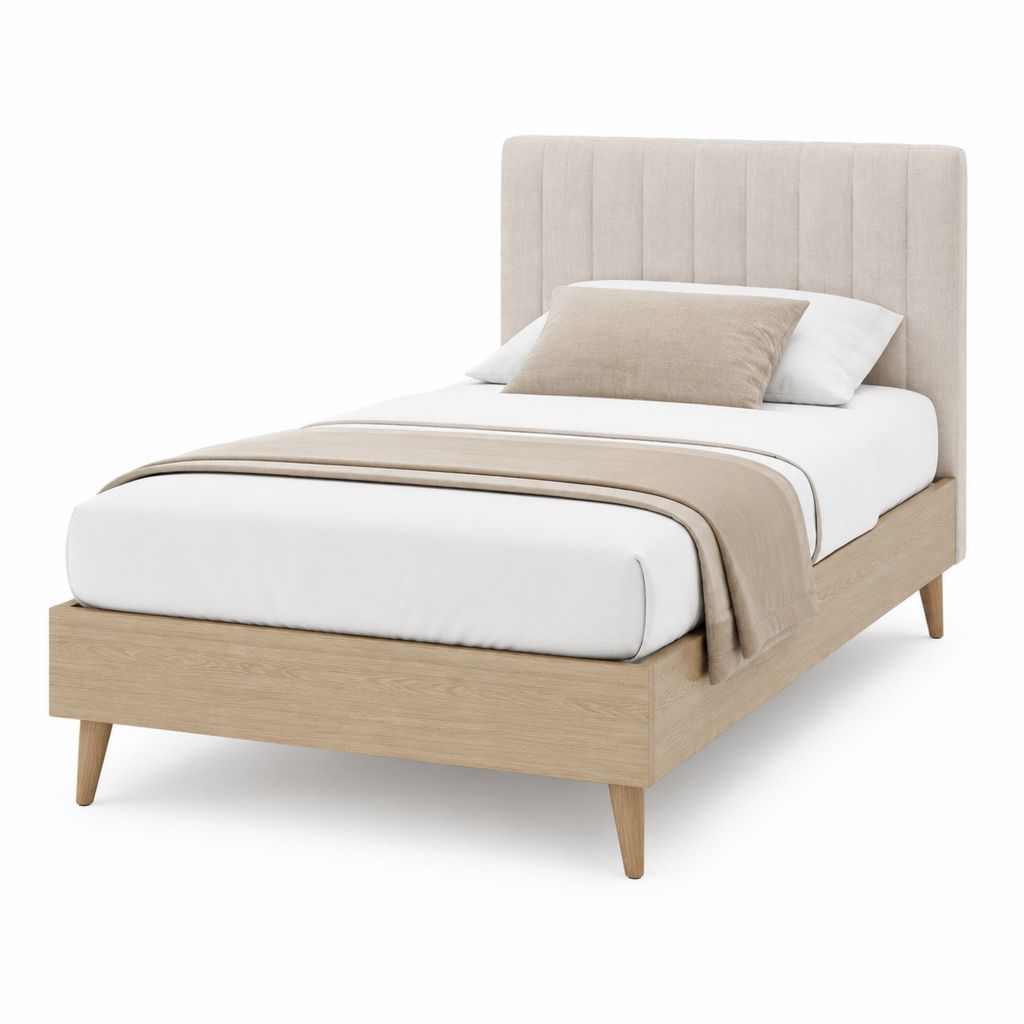 Lit simple rectangulaire 90 x 190 cm beige et chêne clair avec tête de lit rembourrée en polyester