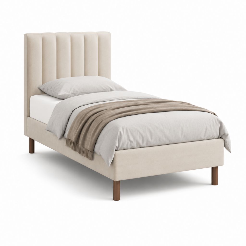 Lit simple capitonné beige en polyester 90 x 190 cm avec tête de lit rembourrée