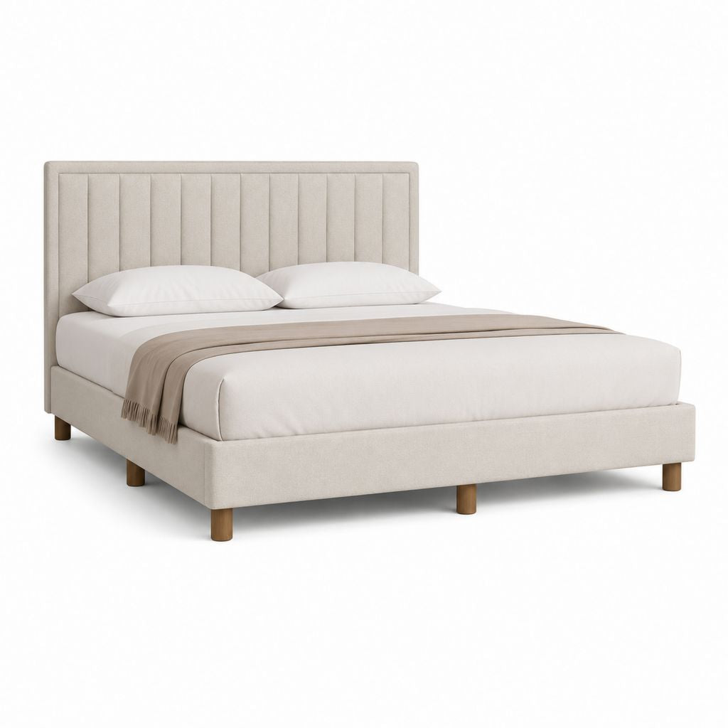 Lit double capitonné beige en polyester avec sommier 160 x 200 cm