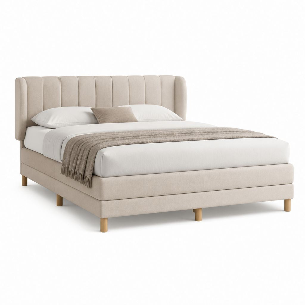 Lit double capitonné beige en polyester avec cadre en bois 160 x 200 cm