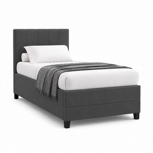 Lit simple 90 x 190 cm gris anthracite en polyester avec tête de lit capitonnée