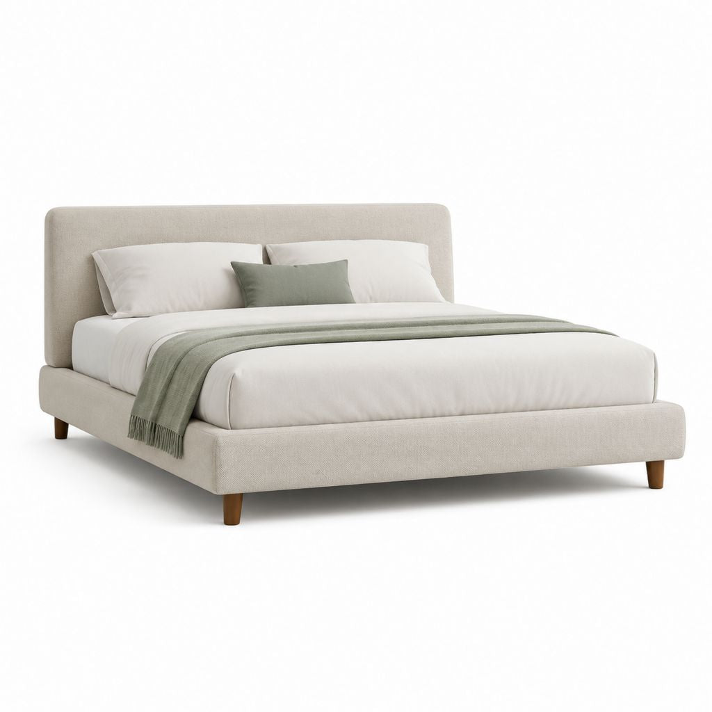 Lit double 160 x 200 cm beige en polyester avec tête de lit rembourrée et pieds en bois massif