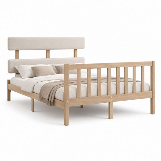 Lit double 160 x 200 cm en bois massif naturel avec tête de lit rembourrée beige