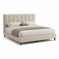 Lit double 160 x 200 cm beige en polyester avec tête de lit capitonnée