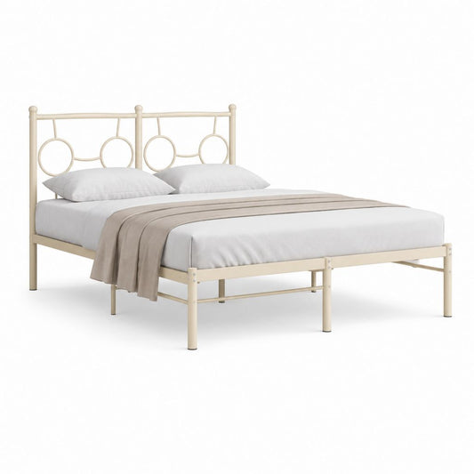 Cadre de lit double 140 x 190 cm beige en acier avec tête de lit à motifs circulaires