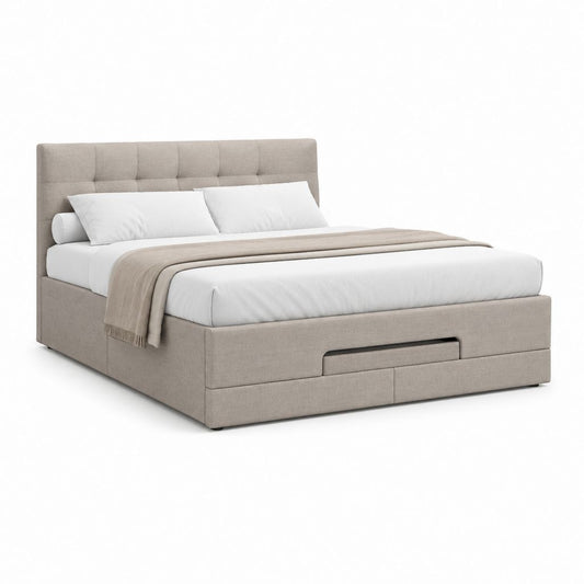 Lit coffre double 160 x 200 cm gris beige en polyester avec tête de lit capitonnée et tiroir de rangement