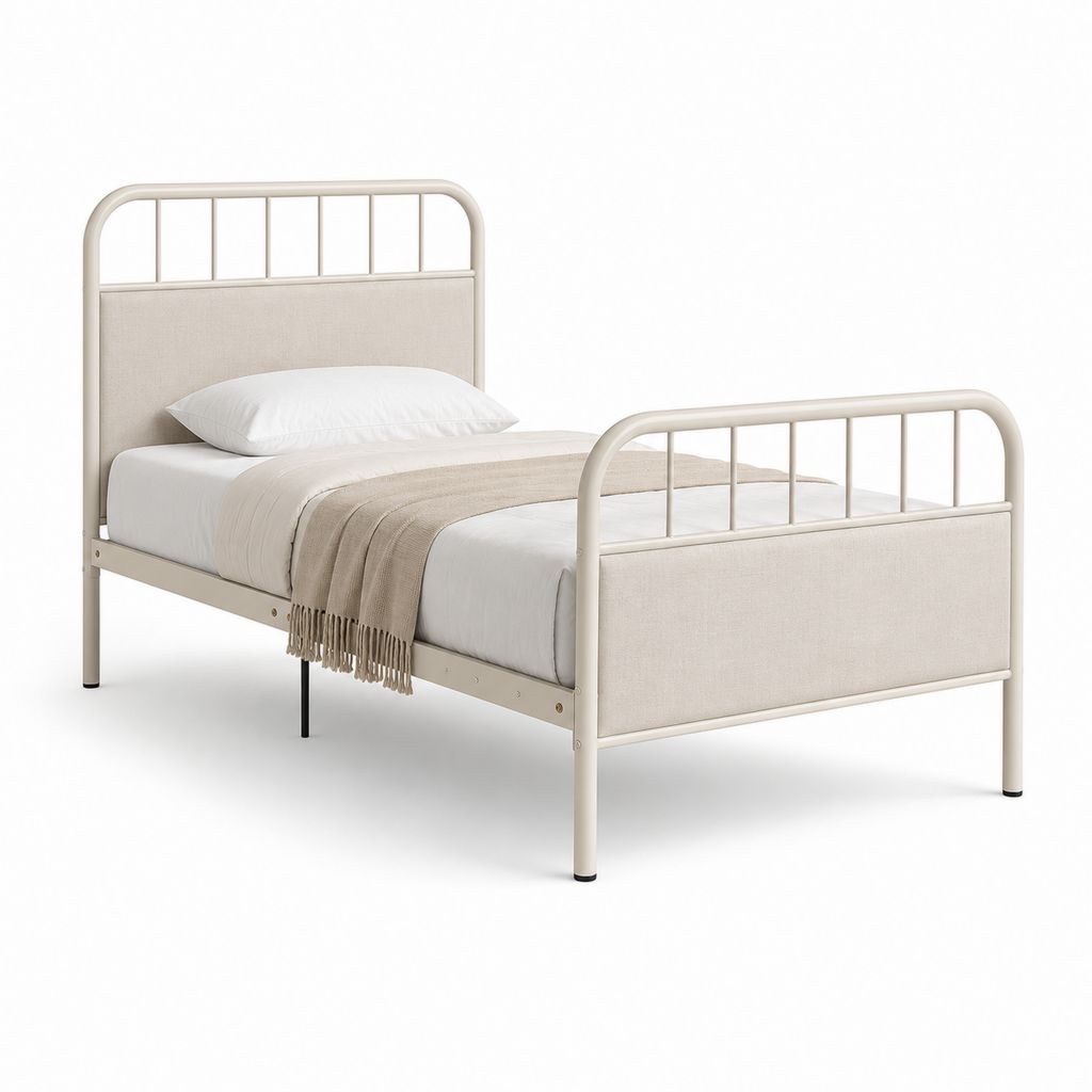 Lit simple avec cadre en acier crème et panneaux en polyester 90 x 190 cm