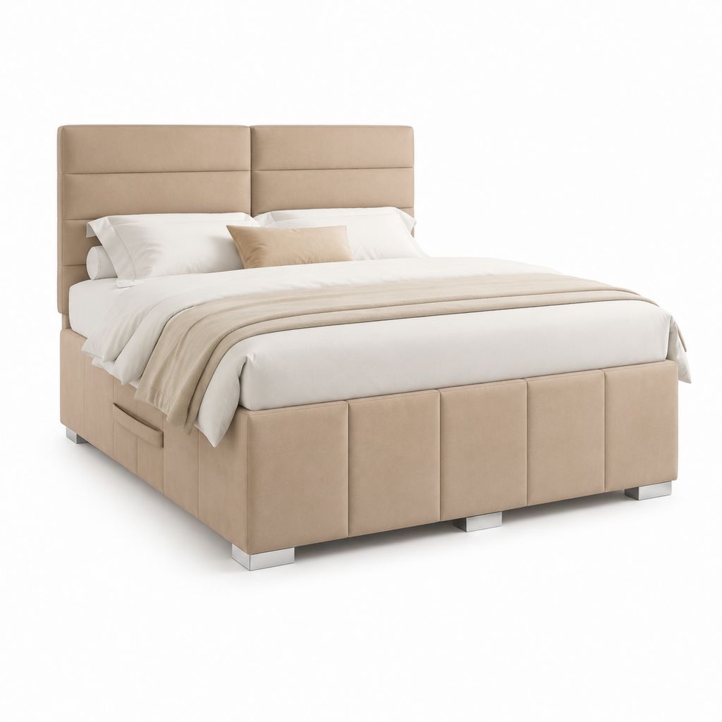 Lit coffre 160 x 200 cm beige en polyester avec tête de lit capitonnée