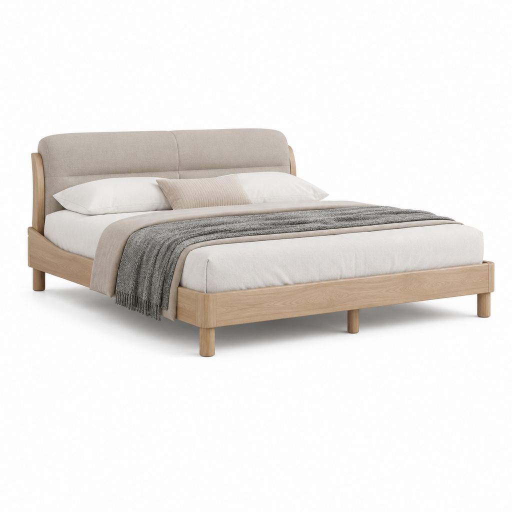 Lit double 160 x 200 cm beige en bois d'hévéa massif avec tête de lit rembourrée