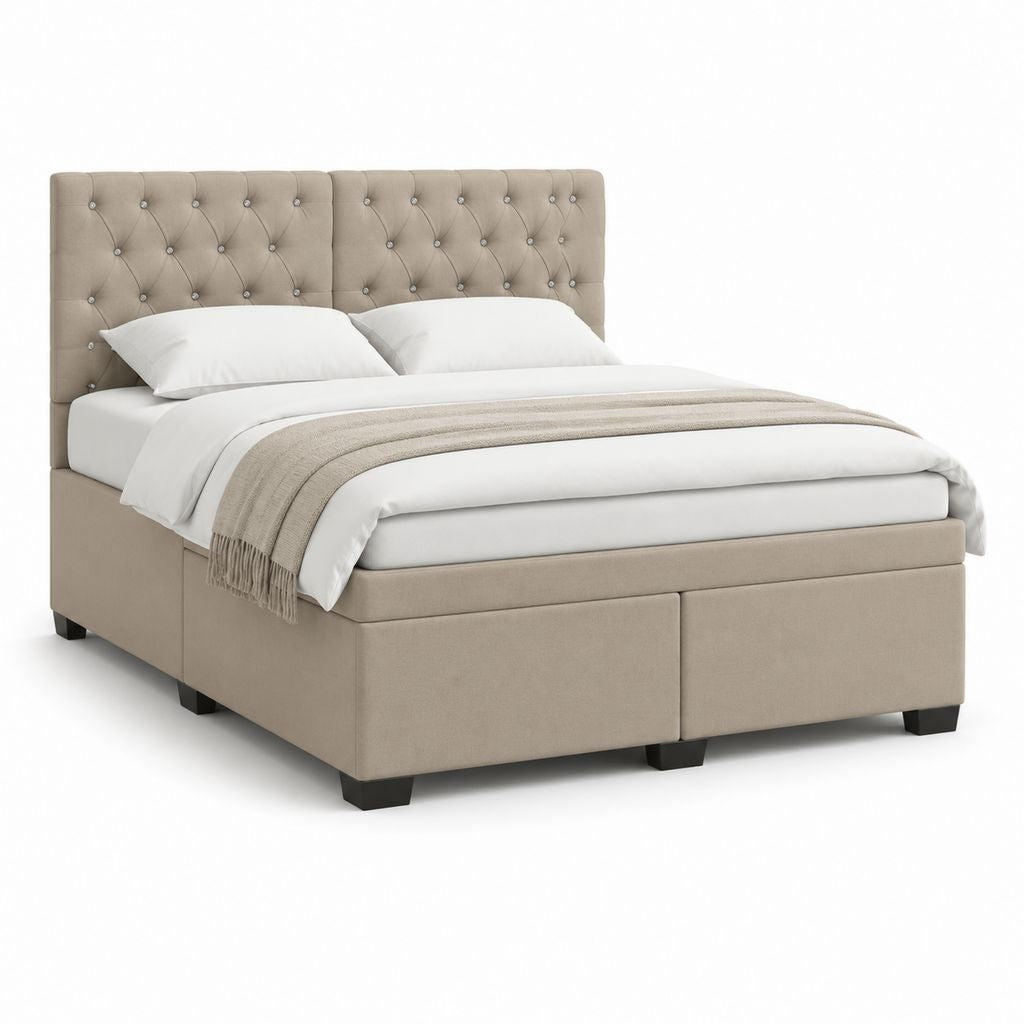 Lit coffre capitonné beige en velours polyester 160 x 200 cm avec tête de lit haute