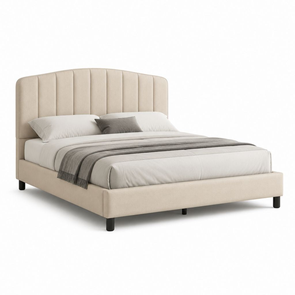 Lit double 160 x 200 cm beige en polyester avec tête de lit capitonnée