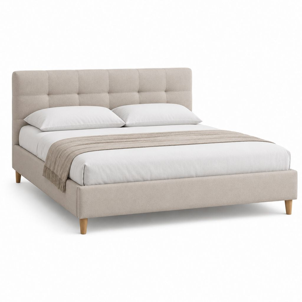 Lit double capitonné beige en polyester rectangulaire avec cadre 160 x 200 cm 176 x 217 x 112 cm