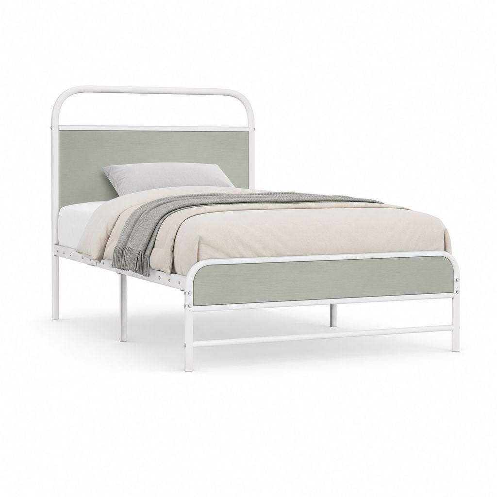 Lit simple avec cadre en acier blanc et panneaux en polyester vert 90 x 190 cm