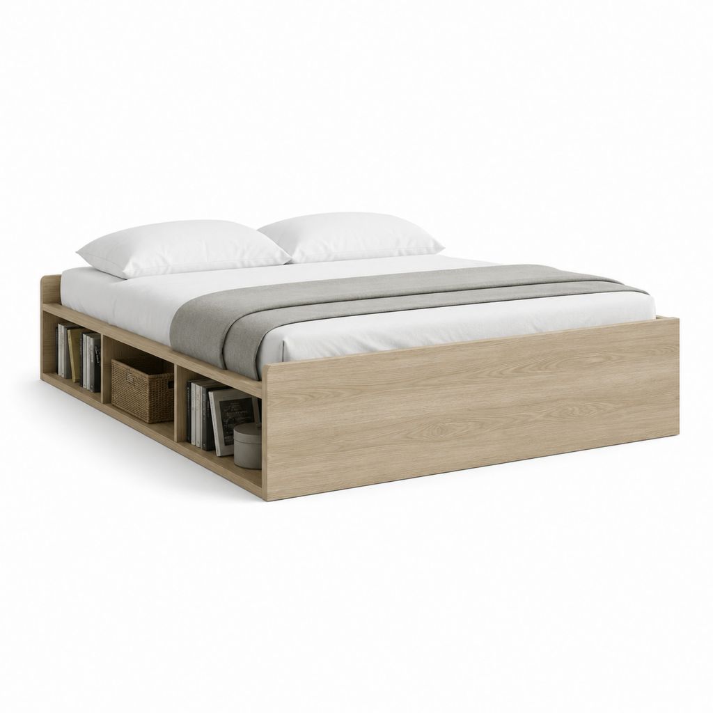 Cadre de lit double avec rangement chêne clair en panneaux MDF 160 x 200 cm