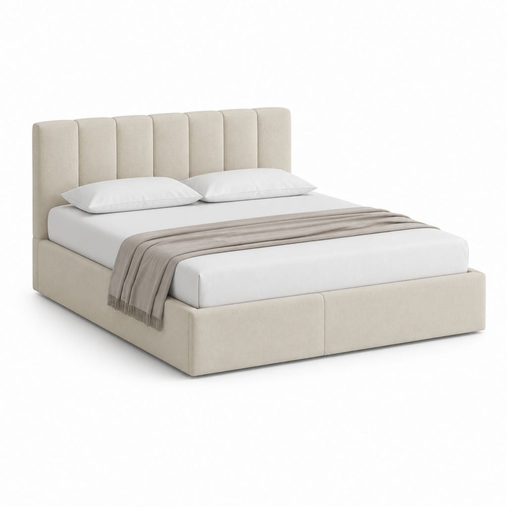 Lit coffre 160 x 200 cm beige en polyester avec tête de lit rembourrée